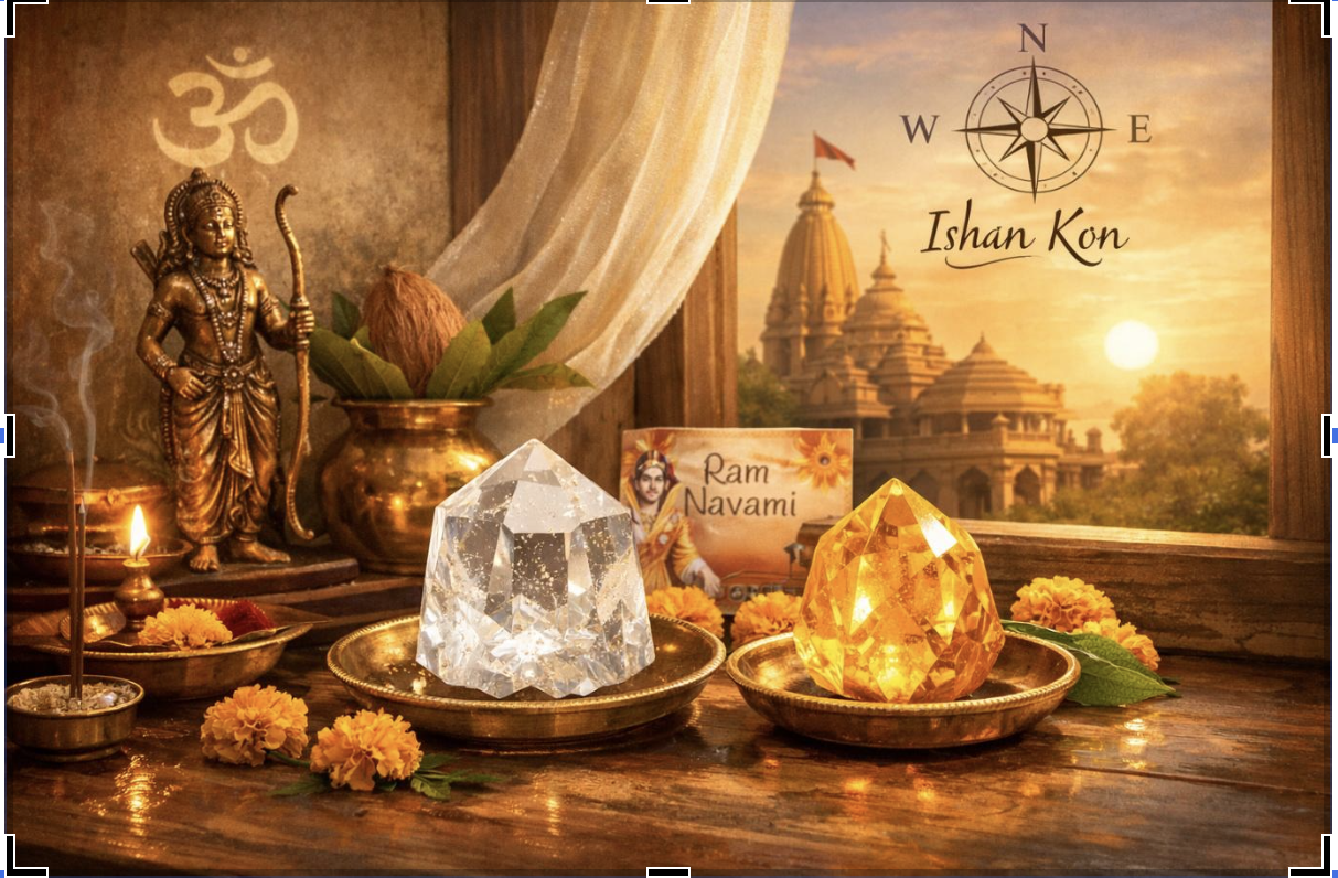 Clear Quartz or Citrine crystal placed in the North-East direction during Navratri remedy